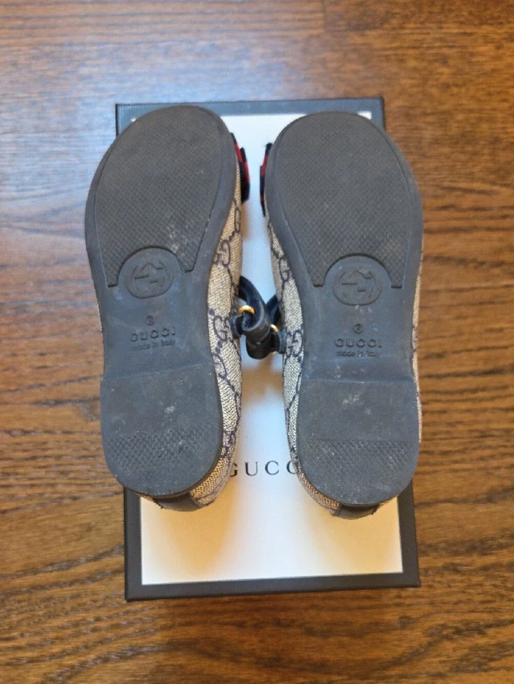 Gucci Beige GG Supreme Mary Jane with Gold Heart and Red-Blue Bow